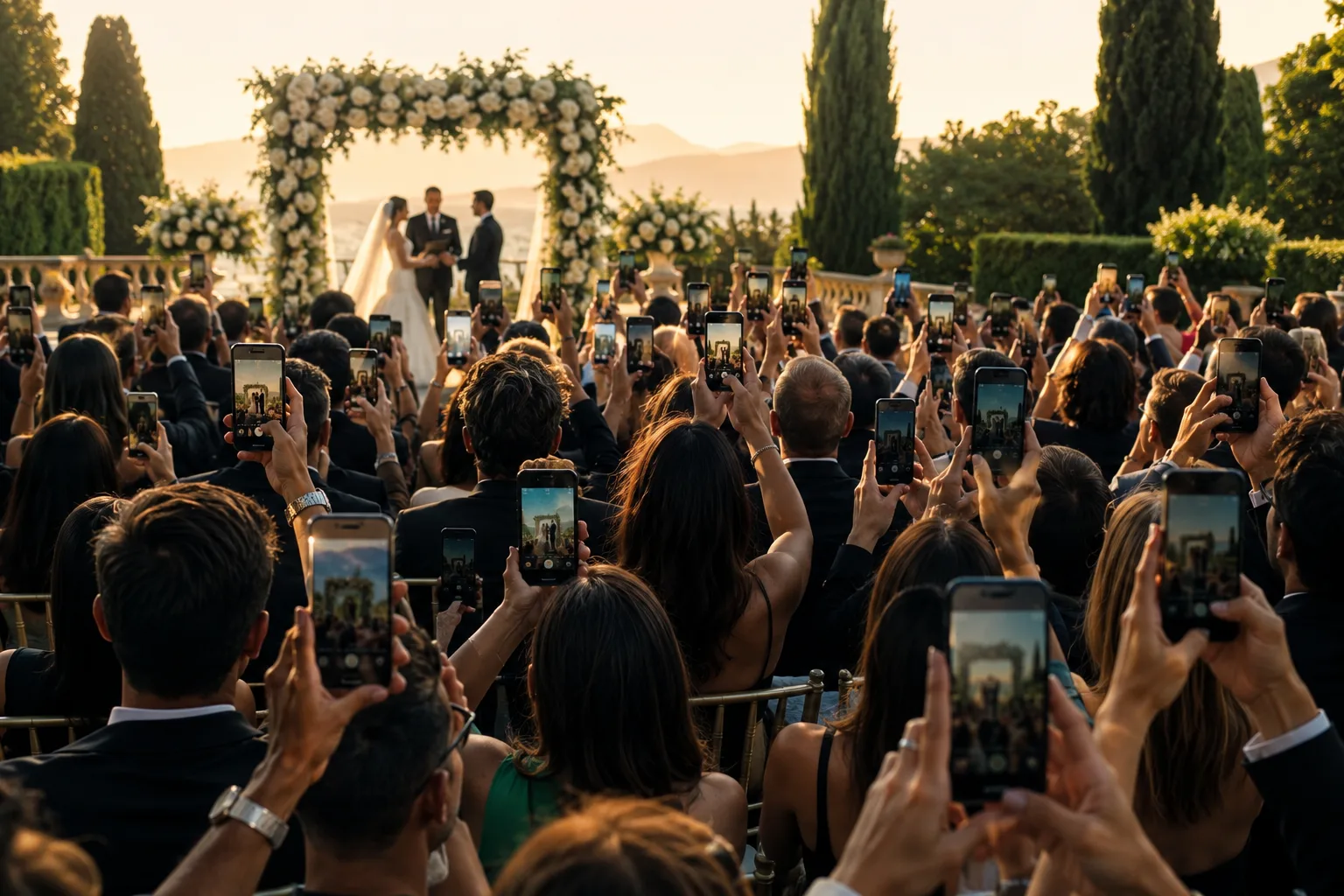 Une foule d'invités filmant la cérémonie de mariage téléphones levés, les mariés au loin sous l'arche fleurie.